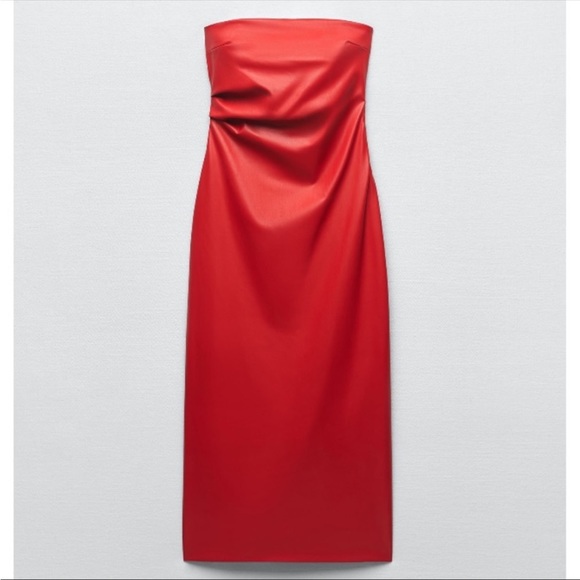 NWT Zara Red Faux Leather Strapless Midi Dress Xsmall - Picture 15 of 16